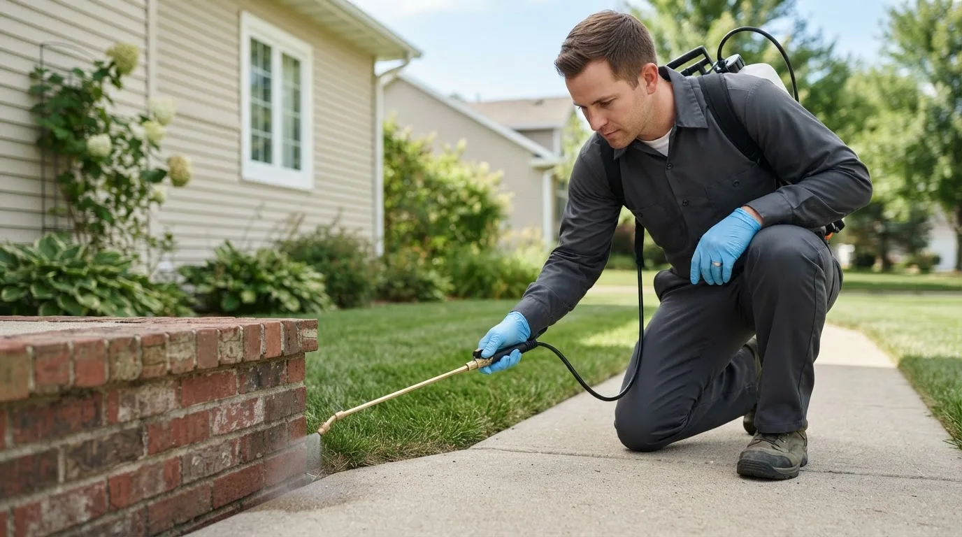 Pest control technician treating a home near Warminster, PA